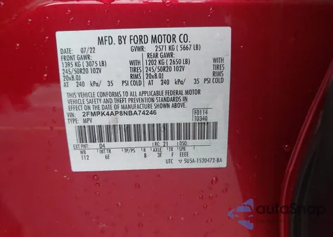 2022 Ford Edge St z USA, uszkodzony, nr VIN 2FMPK4AP8NBA74246